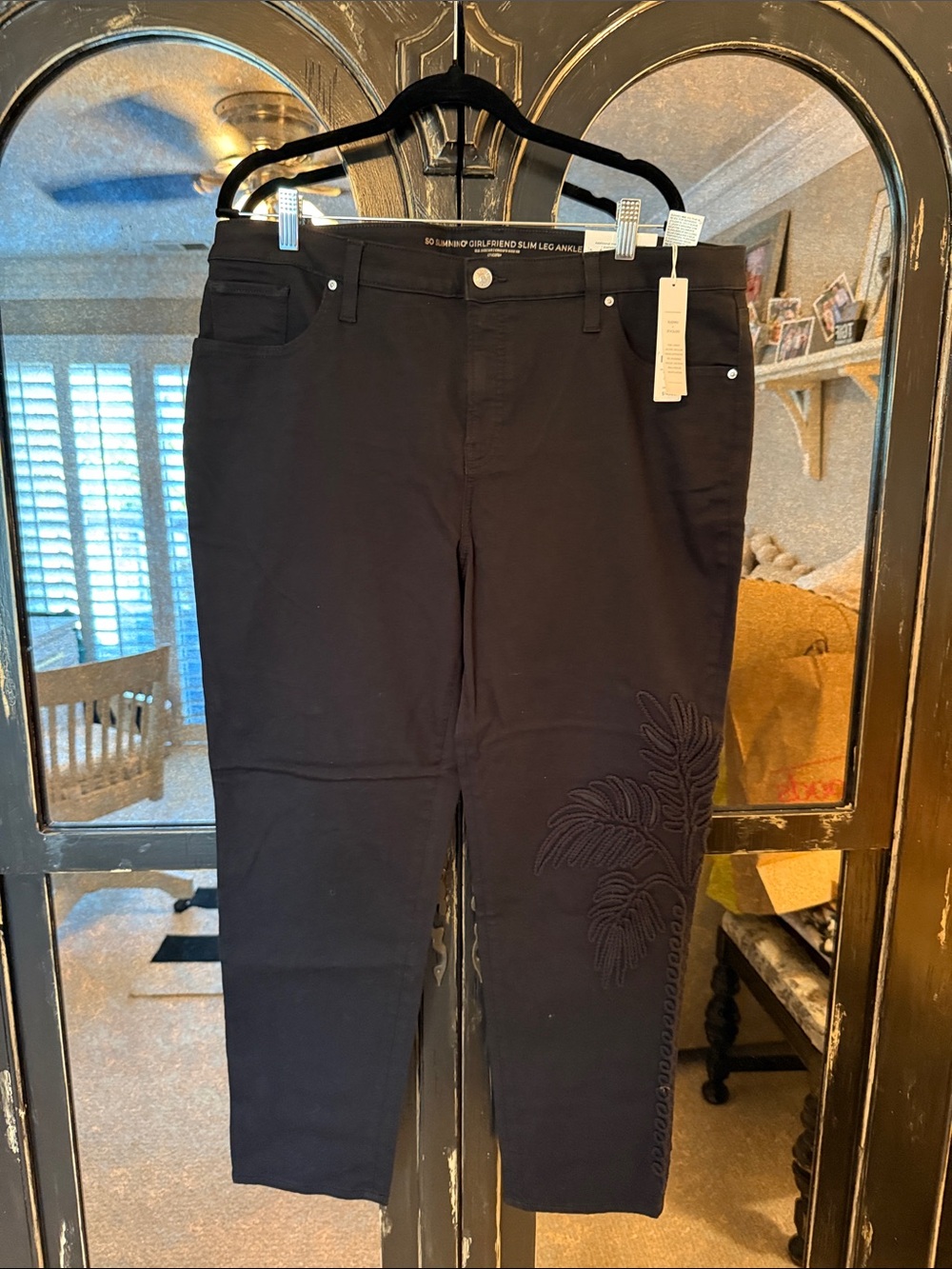 Chico's Black Ankle Slim Leg Jeans with Embroidered Palm Detail